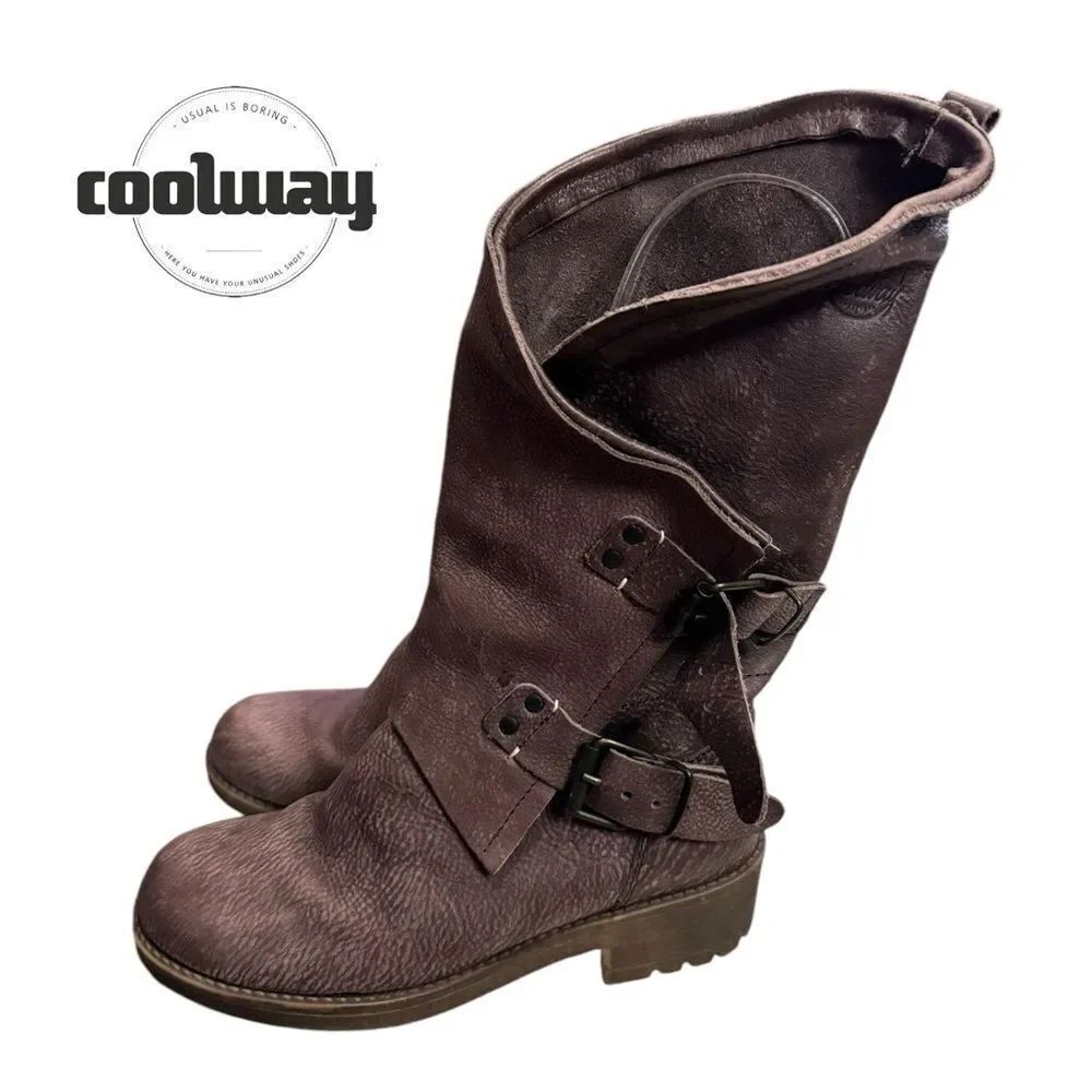 COOLWAY Women's Dark Brown Distressed Buckle Moto Boots 36